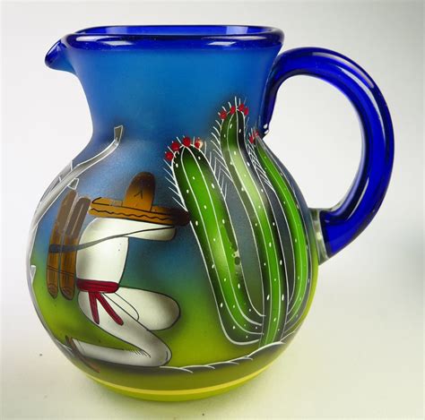Mexican Margarita Glasses And Pitcher Set With Display Rack Hand Blown