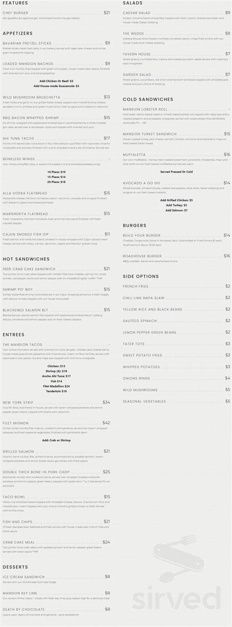 The Mansion menu in Melbourne, Florida, USA