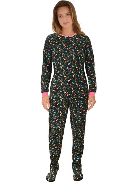 Int Intimate Womens Black Onesie Footed Pajamas Holiday Light Print