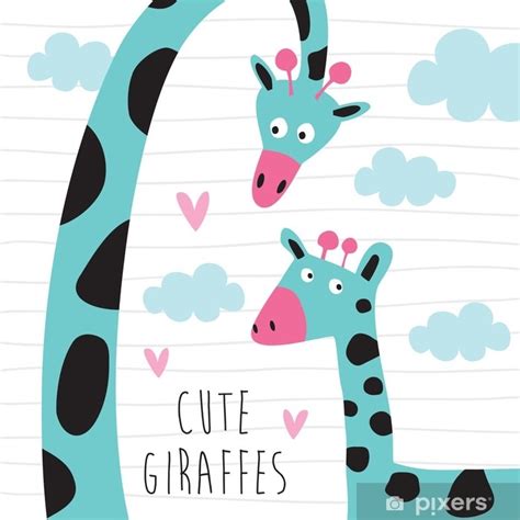 Sticker Cute Giraffes With Clouds Vector Illustration Pixersuk