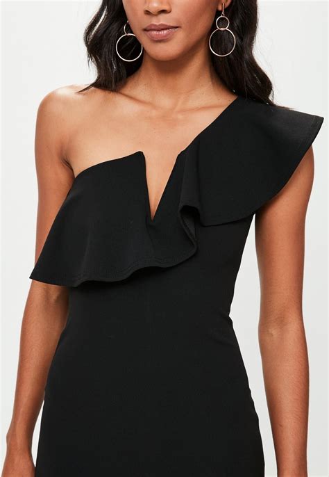 Black One Shoulder Ruffle Midi Dress Missguided Women Dress Online