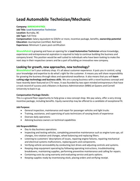 Mechanic Job Description Template