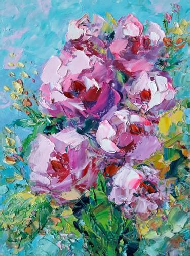 Pink Peonies Painting Original Art Flower Oil Cardboard Floral Glass