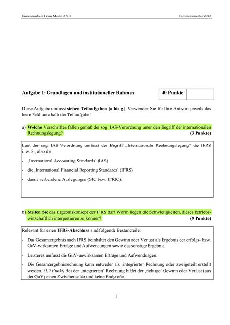 Ss Einsendearbeit Mit L Sung Jahresabschluss Nach Ifrs Fernuni