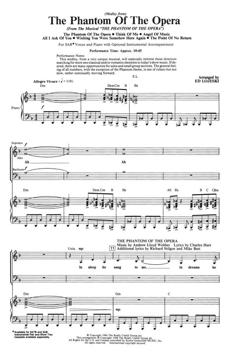 (a main production partner) distributed the film in the usa, and universal pictures (producers and/or distributors of the 1925, 1943, and 1962 adaptations of the book) released the film. Andrew Lloyd Webber "The Phantom Of The Opera (Medley) (arr. Ed Lojeski)" Sheet Music PDF Notes ...