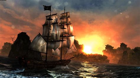 Assassins Creed Iv Black Flag Sunset Boat 4k Ultra Hd Wallpaper