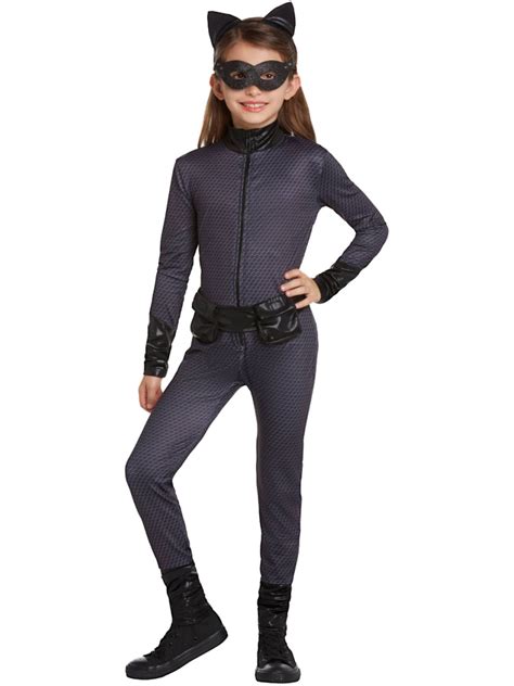 Dc Girls Black Catwoman Jumpsuit Halloween Costume With Glitter Mask