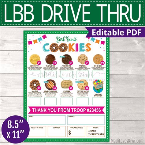 Lbb Printable Girl Scout Drive Thru Order Form Editable Cookie Lineup Menu Price List Troop