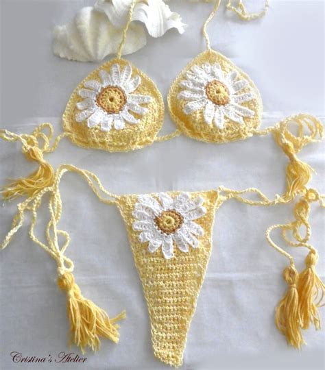 Daisy Crochet Bikini Floral Thong Set Yellow Swimsuit Etsy