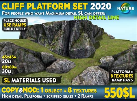 second life marketplace high detail cliff platforms set 2020 walkable cliff platforms with