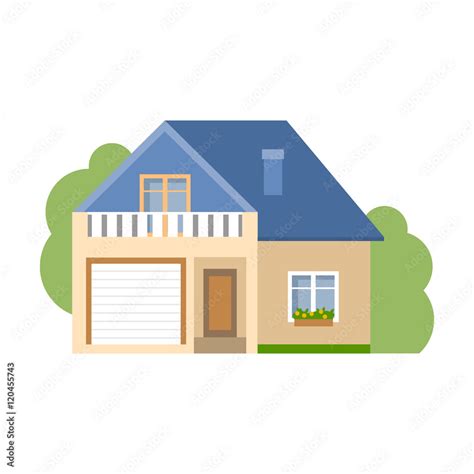 Isolated Cartoon House Simple Suburban House With Garage Concept Of