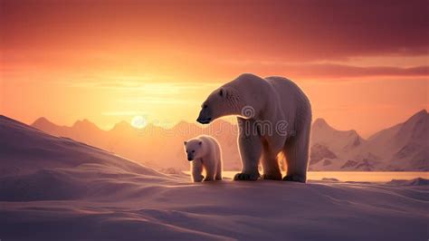 Norwegian Arctic Majestic Polar Bear And Cub Walking On Icy Waters