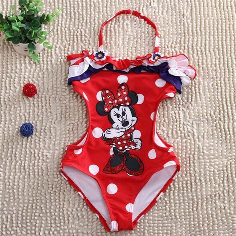 Retail Girls Swimwear Minnie Mouse One Pieces Swimsuit Kids Ruffled