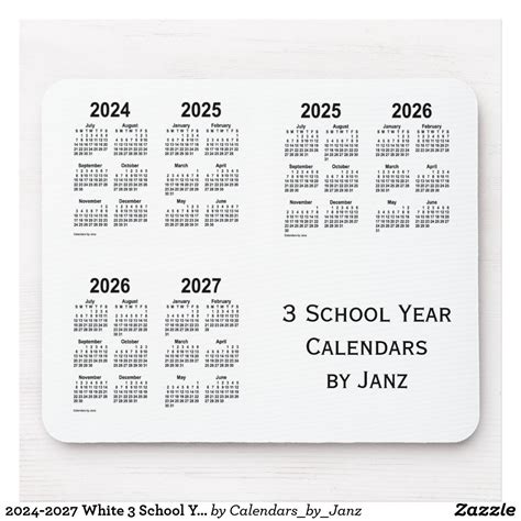 2024 2027 White 3 School Year Calendars By Janz Mouse Pad Zazzle
