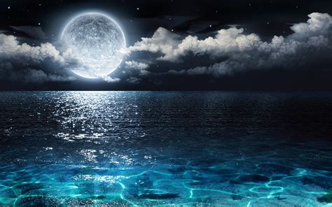 Wallpaper Full Moon Blue Sea Clouds Night Beautiful Nature
