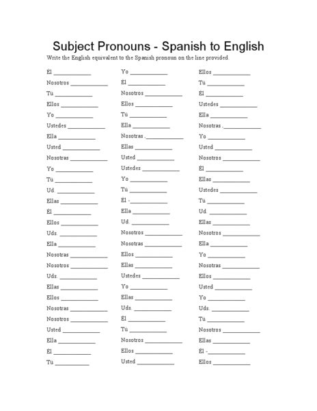 Subject Pronouns Spanish To English Worksheet For 6th 8th Grade Lesson Planet