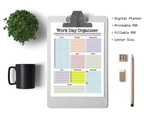 Work Day Organizer Planner Page Work Planner Printable Etsy Work