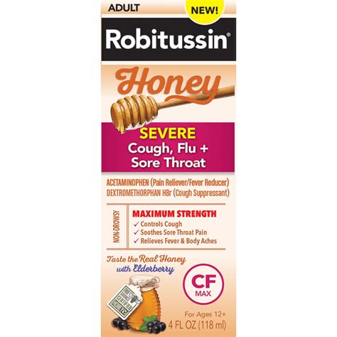 Robitussin Cough Flu Sore Throat Severe Maximum Strength Honey