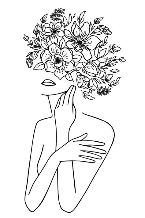 Woman With Flowers Minimal Line Art Drawing By Maria Heyens Pixels