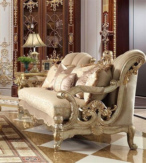 Champagne Chenille Sofa Set 2pcs Carved Wood Traditional Homey Design