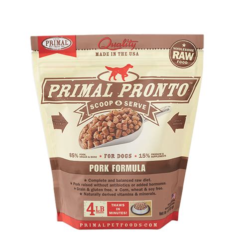 Different formulas are available for dogs with specific dietary requirements, like puppies, seniors, and large or small breeds. Primal Pronto Raw Pork Frozen Dog Food - Doggie Style Pets