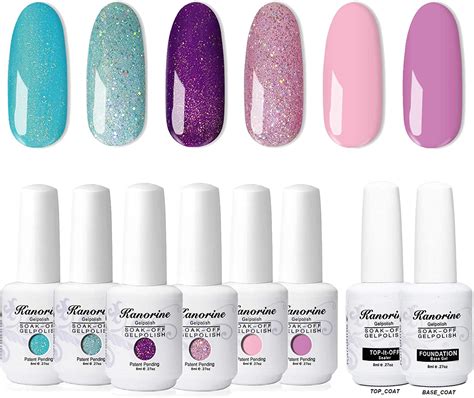 kanorine 8pcs nail gel polish set 6 colours base and top coat soak off uv led gel nail polish