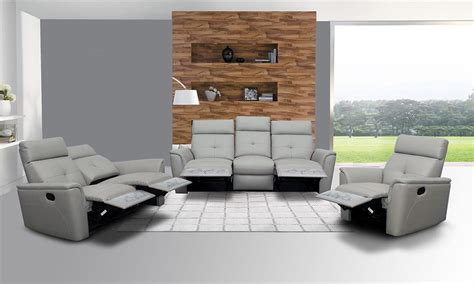 Light Grey Italian Leather Manual Recliner Sofa Set 3pcs Contemporary