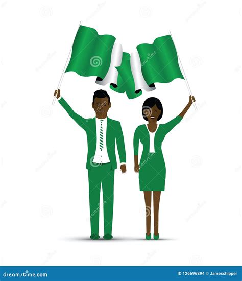 Nigeria Flag Waving Man And Woman Stock Vector Illustration Of Happy