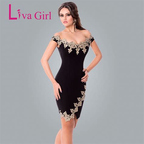 Liva Girl Sexy Party Bodycon Robes Gold Lace Applique Black Off