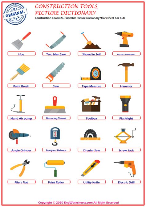 Construction Tools Printable English Esl Vocabulary Worksheets