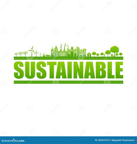 Sustainable Logo Text With Green Cities Stock Illustration