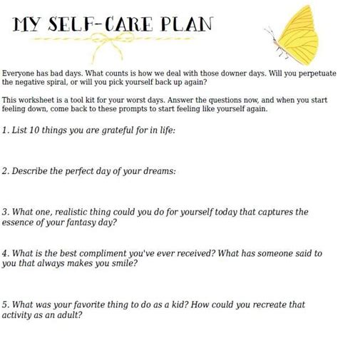 Self Care Worksheets For Adults