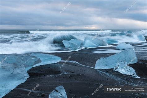 Blocks Of Icebergs On Black Sand Beach Jokulsarlon Vatnajokull