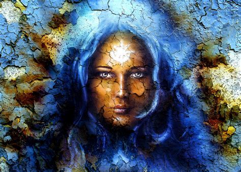 Mystic Face Women With Structure Crackle Background Effect With Star On