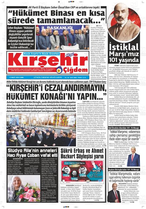 11 Mart 2022 tarihli Kırşehir Çiğdem Gazete Manşetleri