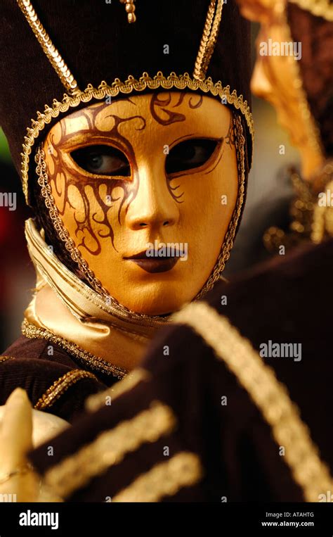 Venice Carnival Mask Festival Close Up Portrait Of Lady Wearing Gold