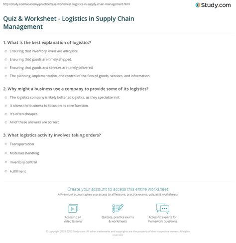 Quiz And Worksheet Logistics In Supply Chain Management