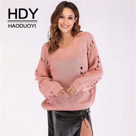 hdy haoduoyi pink sweater women long sleeve hole hollow out sexy pullovers elegant knitted tops