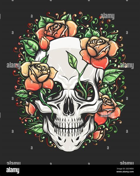 Tattoo Of Skull And Rose Branch On Black Background Vector