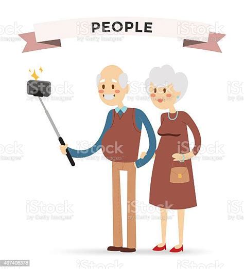 Selfie Photo Shot Grandpa And Grandma Vector Portrait Illustration