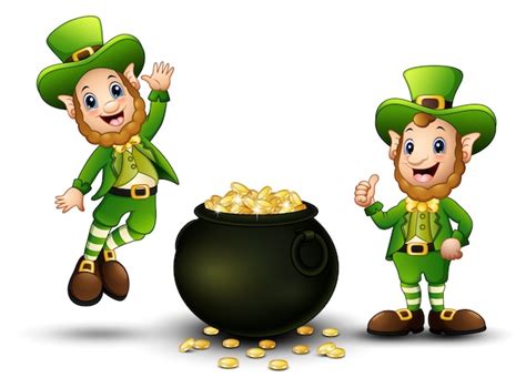 Premium Vector Happy Cartoon Leprechauns With Pot Of Gold Coins
