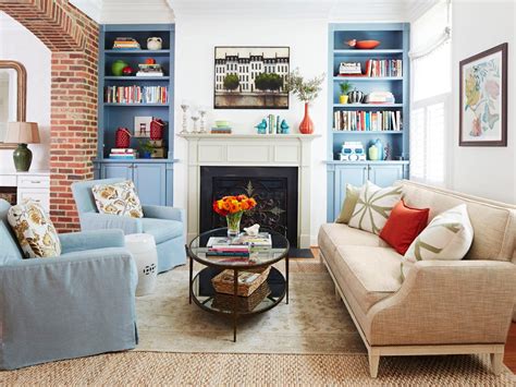 Traditional Living Room With Blue Built In Bookcases Hgtv