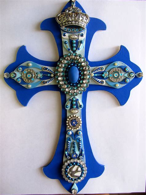 Wall Cross Blue Decorative Cross Victorian Fleur De Lis Jeweled