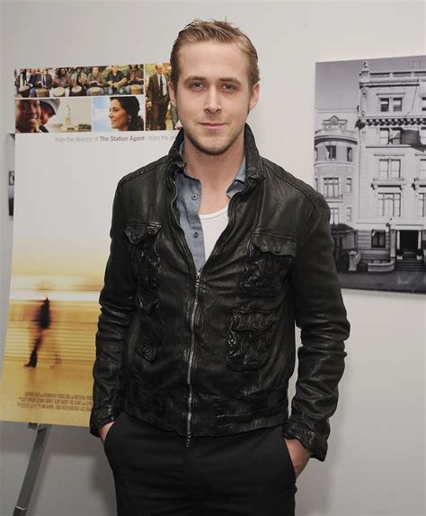 Ryan Gosling Wearing Black Leather Bomber Jacket Grey Chambray Long