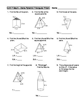 Geometry Unit 7 Cone Pyramid Triangular Prism Surface Area ...
