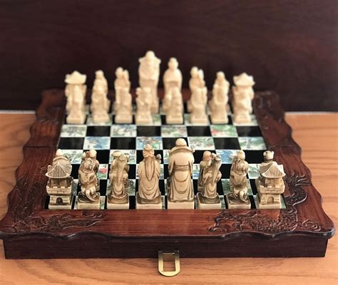 Asian Chess Set Vintage Chess Set Carved Wood Chest Asian Collectors Chess Set Folding Chess