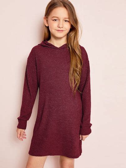 Shein Girls Ribbed Knit Hoodie Dress In 2022 Dresses Hooded Dress
