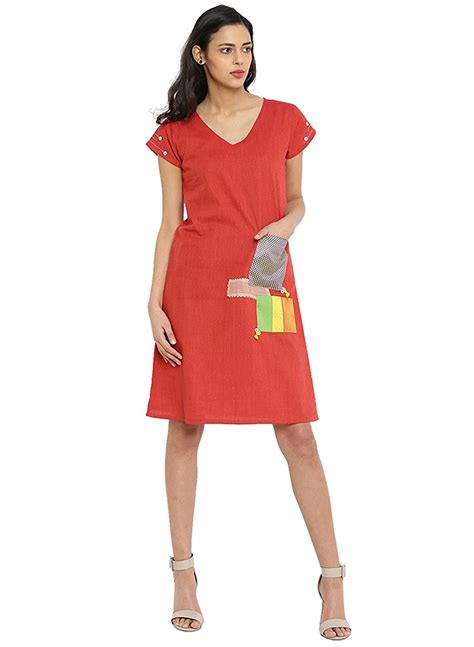 Buy Red Khadi Dress With Patch Details At
