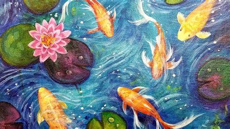 Art Fine Art Watercolor Painting Of Koi Fish In A Pond Water Lily And