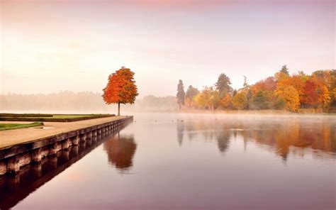 Nature Landscape Fall Trees Water Calm Reflection Pier Forest